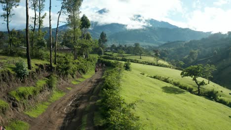 Group-of-marathon-athletes-running-on-a-dirt-road-uphill-working-out-difficult-race-in-jungle-bush-nature-mountains-of-Tanzania---Drone-fly-over-shot-4k