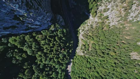 Geradeaus-Nach-Unten-Gerichtete-Luftaufnahme-Der-Fahrbahn-Zwischen-Den-Senkrechten-Wänden-Der-Bicaz-Chei-Schlucht-In-Rumänien