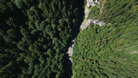 aerial-view-moving-directly-down-to-vertically-showcase-the-famous-Bicaz-Chei-gorge-in-Romania