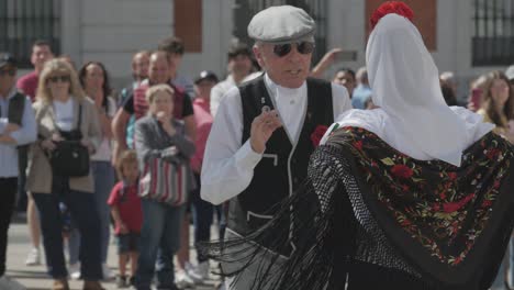 Close-up-view-from-the-presentation-part-of-the-traditional-Spanish-dance-called-Chotis,-Madrid,-Spain