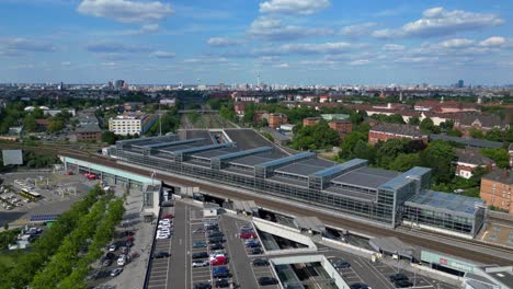 Railroad-cross-junction-train-station-connecting-the-city-center-with-the-suburbs-on-a-sunny-summer-day