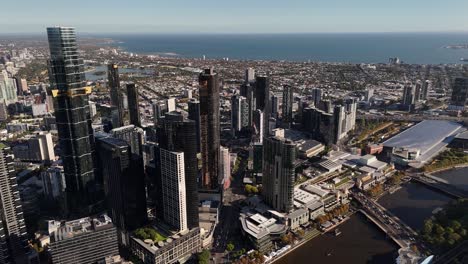 Aerial-view-over-Melbourne-City-Business-District-and-the-Yarra-River-near-the-buildings