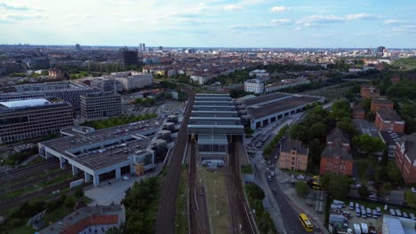 Railroad-cross-junction-train-station-connecting-the-city-center-with-the-suburbs-on-a-sunny-summer-day