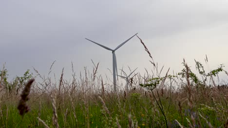 Electrical-renewable-energy-wind-turbines-in-Estonia-Harjumaa-Europe-that-are-spinning-in-slow-motion-during-the-summer-time-while-the-sun-is-shining-and-nature-is-around-them