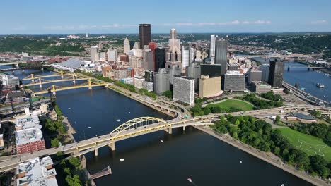 Skyline-Von-Pittsburgh-Mit-Gelben-Brücken-über-Den-Allegheny-River