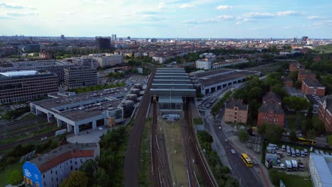 Railroad-cross-junction-train-station-connecting-the-city-center-with-the-suburbs-on-a-sunny-summer-day