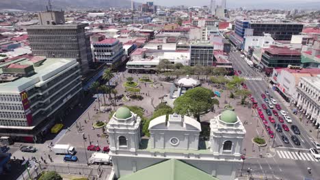 Aerial-overhead-view-of-the-Metropolitan-Cathedral-of-San-José-surrounded-by-the-vibrant-cityscape-of-Costa-Rica's-capital-city