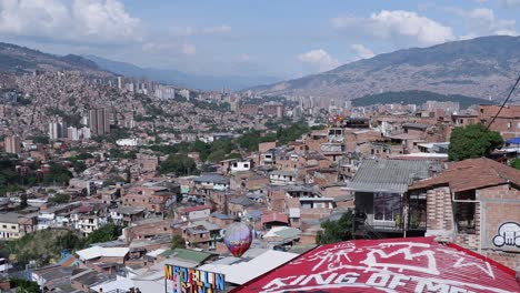 Pan-across-cityscape-skyline-of-Medellin-in-mountains-of-Colombia