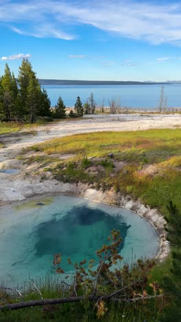 Vertikal-4k,-Farbenfrohe-Landschaft-Des-Yellowstone-Nationalparks,-Thermalbecken,-See-Und-Grün