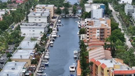 River-bay-with-parking-yachts-and-boat-in-housing-area-of-Sunny-Isles-Beach,-Florida,-USA