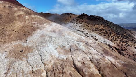 Iceland's-rugged-landscape,-showcased-in-the-video,-exemplifies-the-island's-remote-and-geothermal-beauty,-with-steaming-hills-and-rocky-terrain