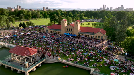 Festivalgoers-at-City-Park-Jazz-free-event-at-Pavilion-of-Ferril-Lake,-aerial