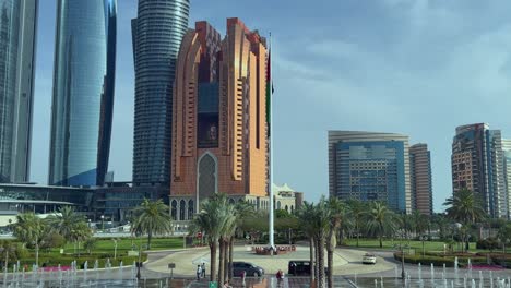 Tilt-up-tall-skyscraper-buildings:-Urban-architecture-in-Abu-Dhabi,-UAE