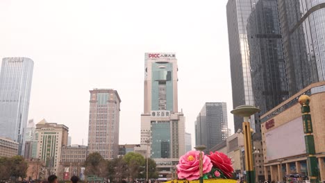 Scenic-cityscape-view-of-Chengdu,-China,-featuring-modern-high-rise-buildings-and-commercial-infrastructure-in-an-urban-setting