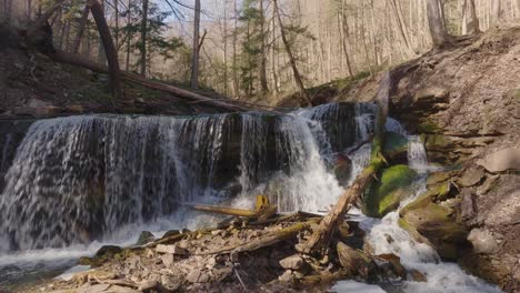 Small-waterfall-flowing-through-a-forest-with-sunlight-filtering-through-the-trees