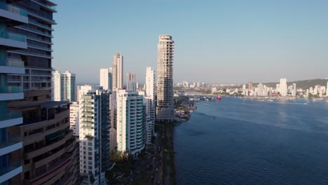 Aerial-View-of-Bocagrande-Hotels-and-Apartment-Buildings-Complex,-Waterfront-of-Cartagena-Colombia