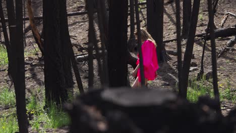 Attractive-female-wearing-pink-robe-steps-through-burnt-forest