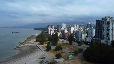 West-End-Davie-Village-beaches-in-Vancouver-City-in-Canada,-aerial-coastline