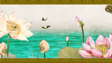 Mysterious-landscape-China's-traditional-Oriental-Digital-Art-animation,-Chinese-retro-painting-ink-misty-mountain-with-flowers,-tree,-birds,-river-in-fog-background