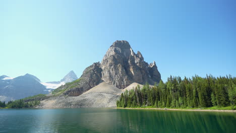 Mount-Assiniboine-and-Magog-Lake,-Amazing-Landscape-of-Great-Divide-on-Sunny-Summer-Day,-Canada