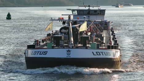 Ship-spotting,-sailing-waters-of-Netherlands,-Lotus-motorboat-panoramic