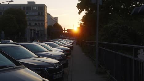 Morning-sunrise-in-Saarbrucken-city,-Germany,-sun-rising-in-European-town