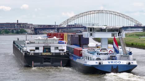 Cargo-Vessel-With-Intermodal-Containers-On-Noord-River-In-Alblasserdam,-Netherlands