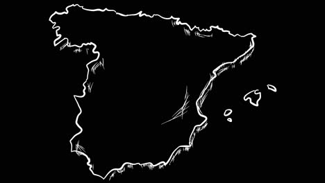 Animated-self-drawing-Spanish-map-outline-art,-lines-forming-the-map-outline-against-a-black-background-alpha-channel-mode-overlay,-this-animation-represents-national-pride-and-identity