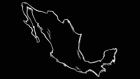 Animated-self-drawing-Mexico-map-out-line-art,-lines-forming-the-map-outline-against-a-black-background-alpha-channel-mode-overlay,-this-animation-represents-national-pride-and-identity