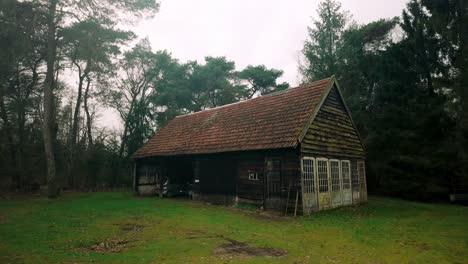 A-rustic-wooden-barn-with-a-pointed-roof-located-in-a-remote-countryside-forest