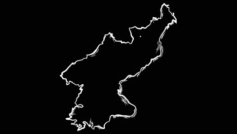 Animated-self-drawing-North-Korea-map-out-line-art,-lines-forming-the-map-outline-against-a-black-background-alpha-channel-mode-overlay,-this-animation-represents-national-pride-and-identity