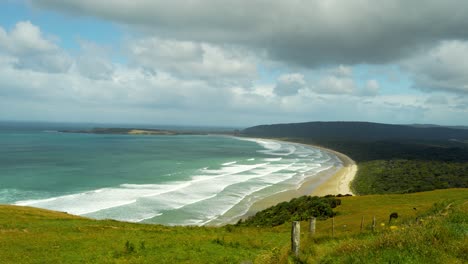 Florence-hills-lookout-overlooking-waves-crashing-on-the-golden-sand-of-Tautuku