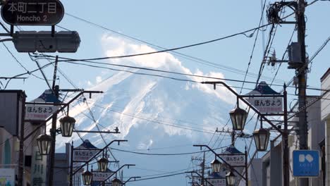 Mount-Fuji-seen-from-the-streets-of-Fujiyoshida,-close-up-with-japanese-shops