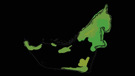 Animated-self-drawing-United-Arab-Emirates-map-in-line-art,-lines-forming-the-map-outline-against-a-black-background-alpha-channel-mode-overlay,-this-animation-represents-national-pride-and-identity