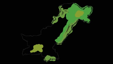 Mapa-Animado-De-Pakistán-Dibujado-A-Mano-En-Arte-Lineal,-Líneas-Que-Forman-El-Contorno-Del-Mapa-Contra-Un-Fondo-Negro-Con-Superposición-En-Modo-De-Canal-Alfa;-Esta-Animación-Representa-El-Orgullo-Y-La-Identidad-Nacionales