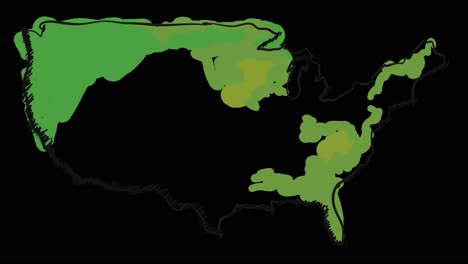 Animierte,-Selbstzeichnende-Amerikanische-Karte-In-Strichzeichnungen,-Linien-Bilden-Den-Umriss-Der-Karte-Vor-Einem-Schwarzen-Hintergrund-Im-Alphakanal-Modus-Overlay,-Diese-Animation-Repräsentiert-Nationalstolz-Und-Identität