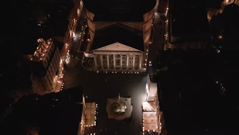 Amazing-Aerial-View-Above-Pantheon-at-Night-in-Historic-Rome,-Italy