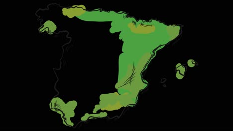 Mapa-Español-Animado-Autodibujado-En-Arte-Lineal,-Líneas-Que-Forman-El-Contorno-Del-Mapa-Contra-Un-Fondo-Negro-Con-Superposición-En-Modo-De-Canal-Alfa,-Esta-Animación-Representa-El-Orgullo-Y-La-Identidad-Nacionales