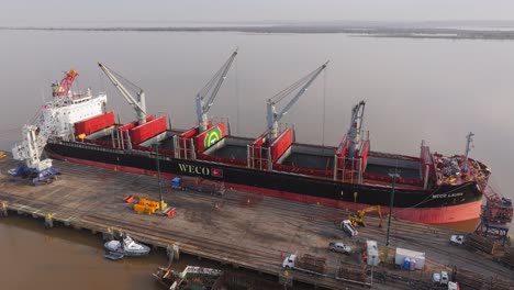 Cargo-ship-Weco-Laura-along-Uruguay-river-loading-logs-with-cranes-and-excavators