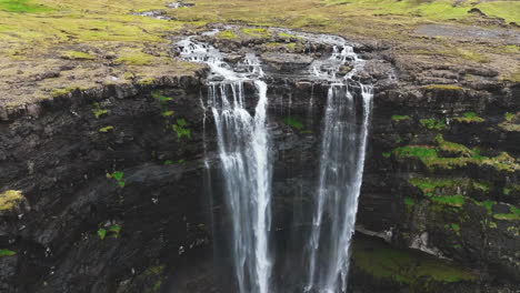 Spectacular-Spring-in-the-Faroe-Islands,-Denmark:-Flying-Over-the-Fossa-Waterfall