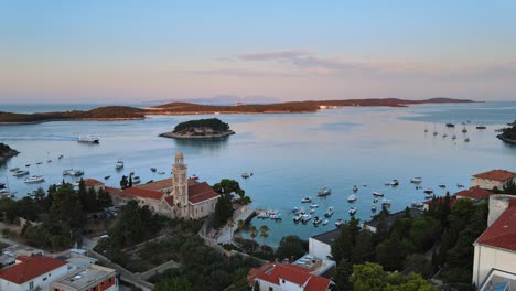 Aerial-drone-shot-of-the-bay-of-Hvar-Island-at-sunset