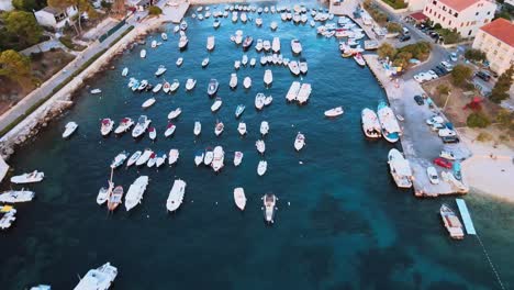 Aerial-drone-shot-over-a-bay-in-Hvar,-Croatia