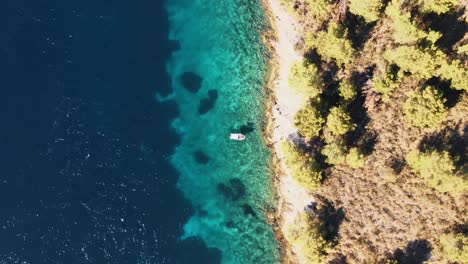 Top-aerial-drone-shot-of-a-small-boat-floating-on-blue-turquoise-sea-water-near-the-coast