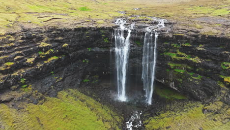 Wild-Nature:-Drone-Over-the-Fossa-Waterfall-in-Spring,-Faroe-Islands,-Denmark