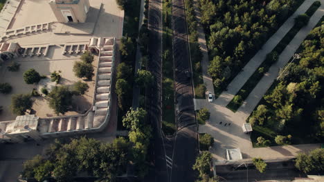 Aerial-over-street-in-central-Samarkand,-Uzbekistan