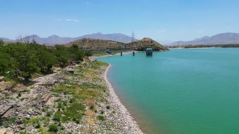 Aerial-View-of-Lake-Landscape-in-Kabul-Afghanistan,-Blue-sky