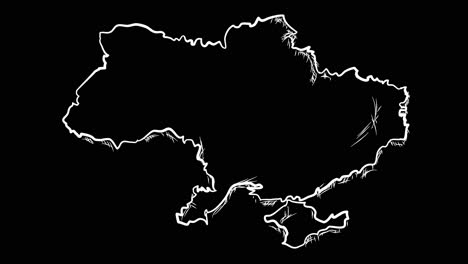 Animated-self-drawing-Ukraine-map-out-line-art,-lines-forming-the-map-outline-against-a-black-background-alpha-channel-mode-overlay,-this-animation-represents-national-pride-and-identity