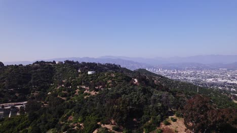 Aerial-shot-capturing-the-lush-hills-of-Griffith-Park,-transitioning-to-the-vast-urban-expanse-of-Los-Angeles-cityscape-under-a-clear-sky