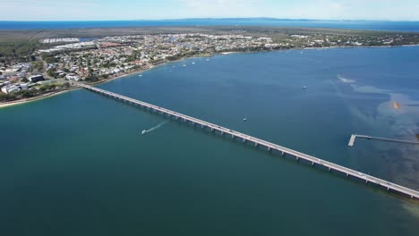 Bribie-Bridge-In-Bribie-Island,-Queensland,-Australia---Aerial-Drone-Shot