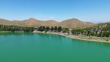 Aerial-View-of-Lake-Landscape-in-Kabul-Afghanistan,-Blue-sky